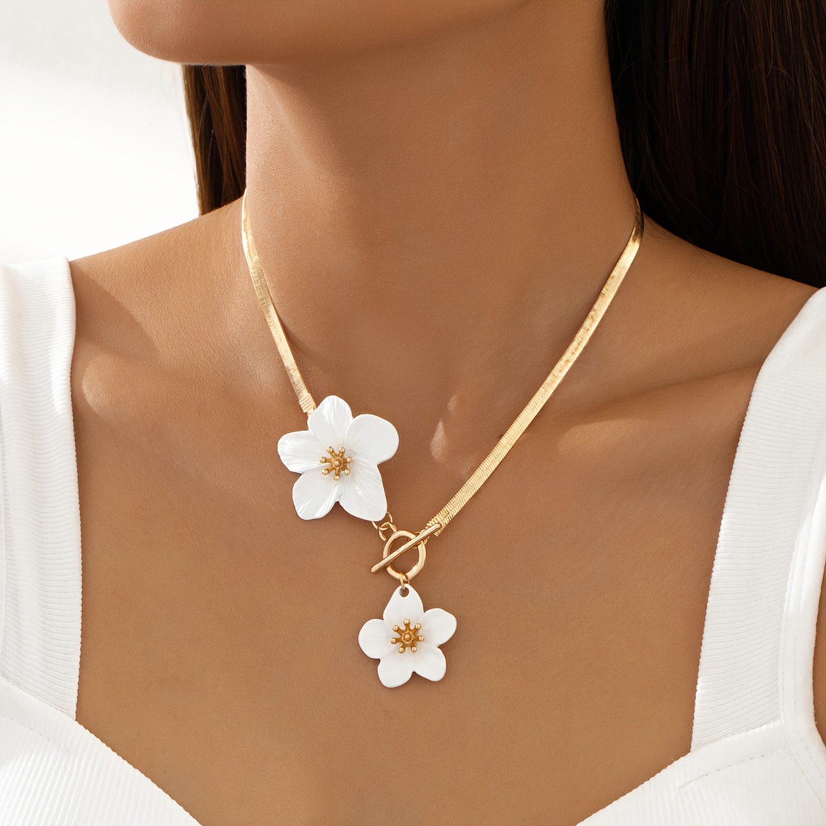Golden Tone Double Floral Pendant Necklace